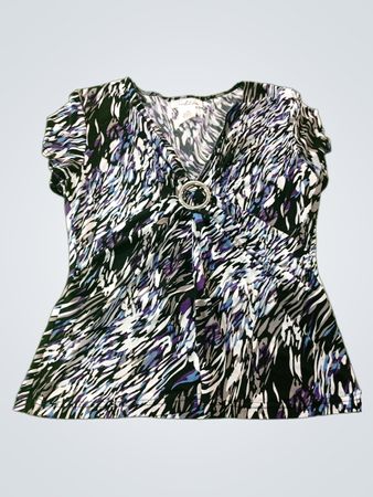 Tradition Women's L/G Schwarz, Weiß, Lila & Blau Abstrakt Druck V-Ausschnitt Top mit Ringdetail