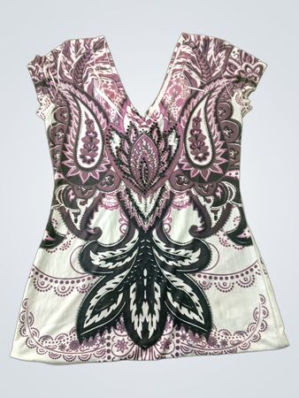 White T-shirt with Paisley Print and Rhinestones