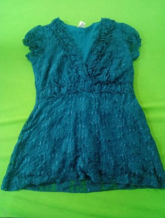 Studio Y Teal Lace Ruffle V-Neck Tunic Top