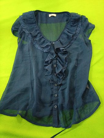 PBsenjoy Women's Blue Sheer Lace Ruffle Button-Down Shirt with Corset Back