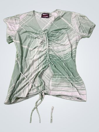 T-shirt à col en V froncé à rayures vertes et blanches Ssada U.S.A.