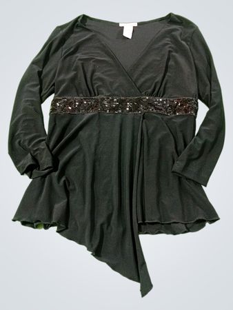 Top à manches longues V encolure asymétrique à ourlet noir avec perles Vol.i