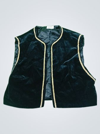 Black velvet vest with gold trim and number 4133 tag