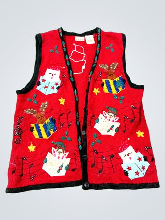 Bobbie Brooks Gilet Rouge de Noël avec Père Noël, Elfes et Rênes
