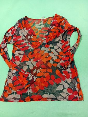 Acorn Women's Leaf Print Sheer V-Neck Tunic Top