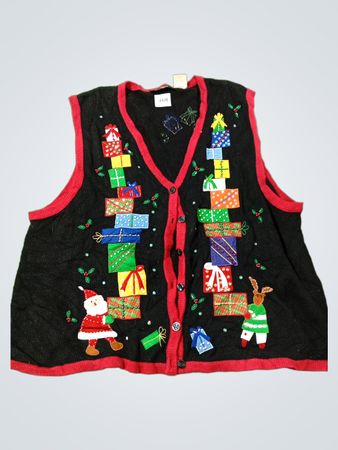 Dans le gilet noir de Noël Resource Women's avec le Père Noël et les rennes