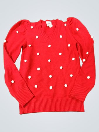 Roter V-Ausschnitt-Pullover mit weißen Pom Pons und Puffärmeln