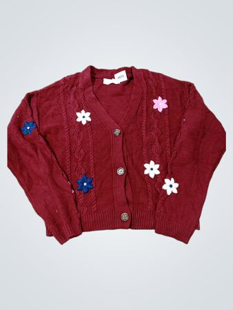 evsie girls burgunderfarbener floraler Kabelstrick-Cardigan Größe XL (13/14)