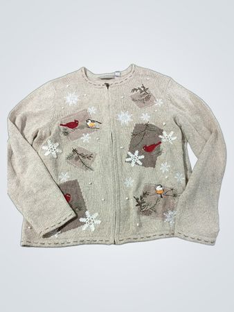 Croft & Barrow Damen Beiger Kardinal Schneeflockenbestickter Cardigan