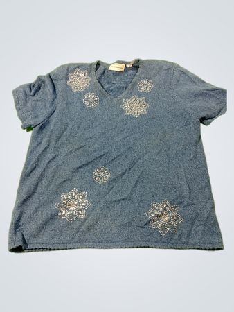 Alfred Dunner Blaue Verzierte V-Ausschnitt Bluse