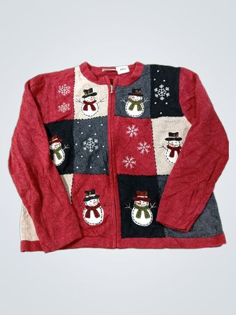 Croft & Barrow Roter Schneemann Patchwork Zip-Up Cardigan