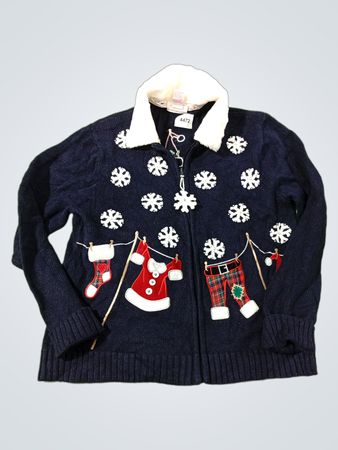 Crystal-Kobe Marineblauer Weihnachtspullover mit Schneeflocken und Wäscheleine-Grafiken