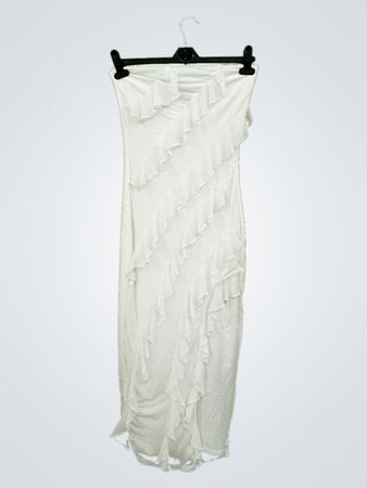 Weißes trägerloses Rüsch-Maxikleid