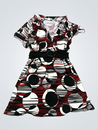 Dressbarn Damen XL Schwarz Rot Weiß Geometrisches Print Kurzarm Gürteltop Kleid