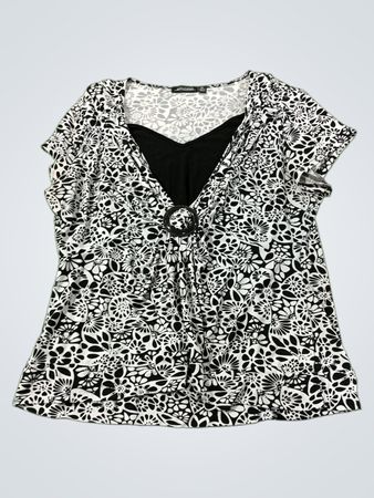 NOTATIONS Damen Schwarz- und Weißblumenmuster V-Ausschnitt Top mit Ringdetail