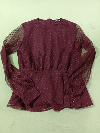 Burgundy Polka Dot Sheer Sleeve Peplum Top