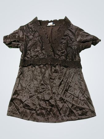 BCBGMAXAZRIA Braunes Satin Smocked V-Ausschnitt-Top