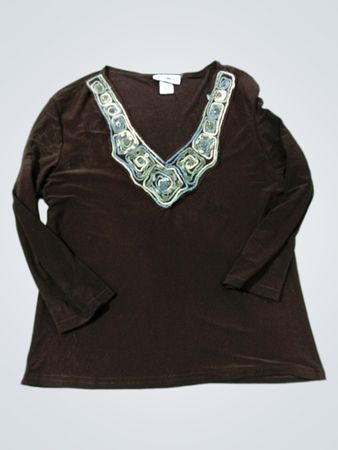 Carducci Damen Braun Verziertes V-Ausschnitt Langarmtop
