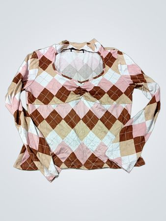 Langarm-Argyle-Druckoberteil
