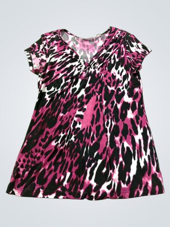 Frauen Pink Leopardenmuster Kurzarm V-Ausschnitt Oberteil