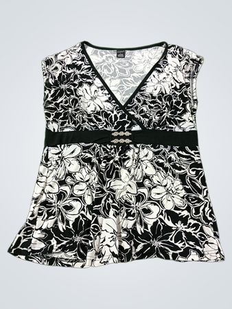 WUHOUS Damen Schwarz-Weiße Floral Cap Sleeve V-Ausschnitt Oberteil mit Verziertem Gürtel