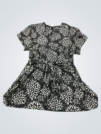 Christopher & Banks Damen Schwarz-Weiße Blumenmuster Kurzarm V-Ausschnitt Kleid mit Bindegürtel