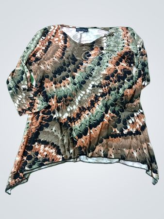 Brittany Black Damen Tunika-Oberteil mit braun/grünem Federprint und Verzierungen