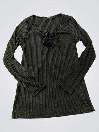 Schwarzes geripptes Langarm-Tops mit Bindeband am Hals