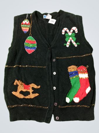 Damen Schwarze Weihnachtsweste mit Ornamenten, Zuckerstangen und Strümpfen