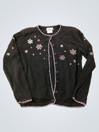 Schwarzer Cardigan mit Schneeflocken-Stickerei und lila Besatz