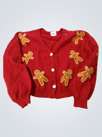 Roter Cardigan mit Lebkuchenmann-Applikationen