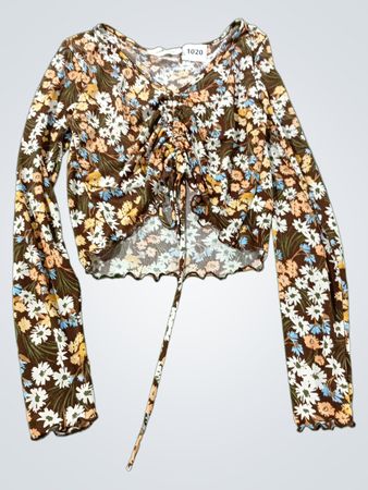 audrey 3+1 Braun Floral Print Raffung Langarm Crop Top