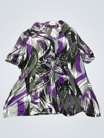 LAVENA Damen Lila Schwarz Weiß Grau Abstrakt Druck Knopfverschluss Hemd Top