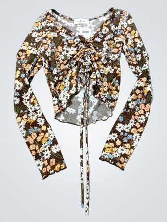 Blumenmuster gerafftes Drawstring Langarm-Crop-Top