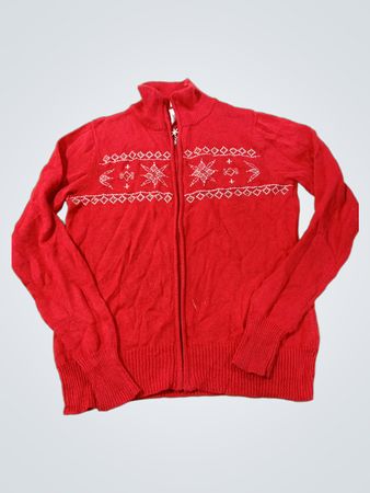 Roter Reißverschluss-Pullover mit Schneeflockenmuster
