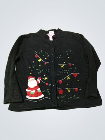 Schwarzer Weihnachts-Cardigan mit Santa und Weihnachtsbaum