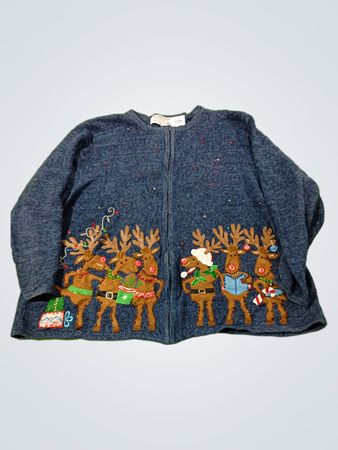 Tiara International Christmas Collection Design and Pattern Copyrighted Women's Blue Reindeer Zip-Up Sweater