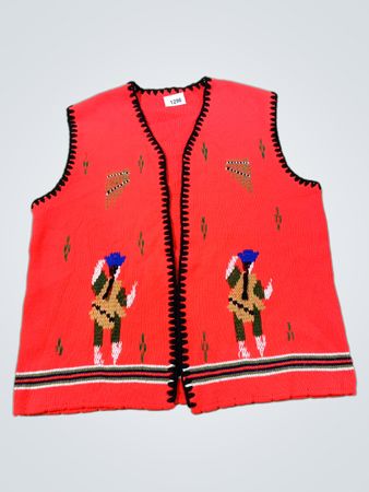 Rotes gestricktes Weste mit schwarzem Rand und gestickten Figuren