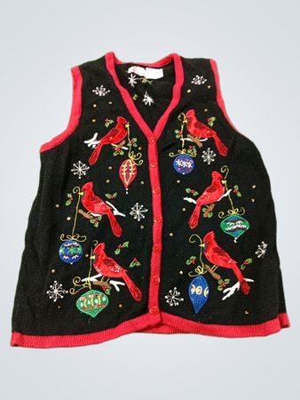 Schwarzer ärmelloser Pullover mit rotem Saum und Kardinal- und Ornament-Stickerei