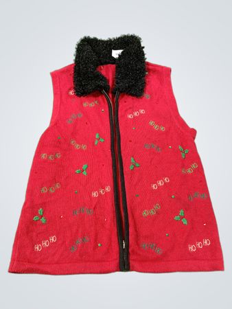 Rote Reißverschlussweste mit "HO HO HO" und Stechpalmenmuster