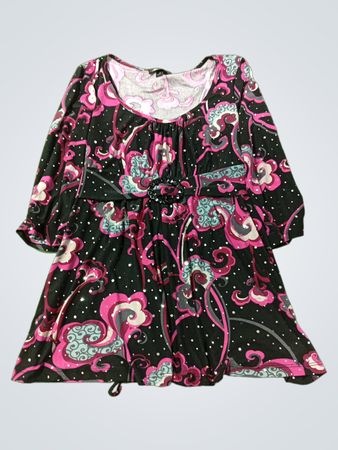 AB STUDIO Damen Schwarzes Rosa Wirbelmuster 3/4-Ärmel Kleid mit verziertem Schnallen