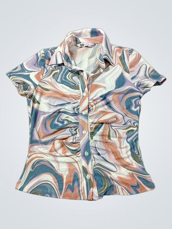 SO Goods for Life Swirl Print Ruched Button-Up Shirt