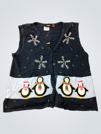 Blauer ärmelloser V-Ausschnitt-Pullover mit Pinguinen und Schneeflocken