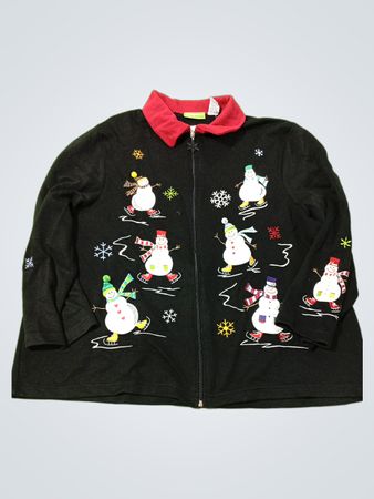 Schwarze Zip-Jacke mit gestickten Schneemännern und Schneeflocken