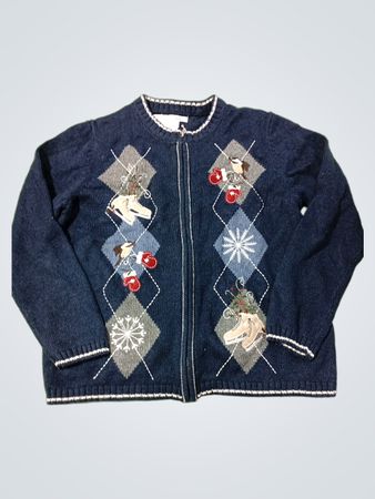Croft & Barrow Damen Blau Argyle Eislauf Schneeflocken Reißverschluss Cardigan