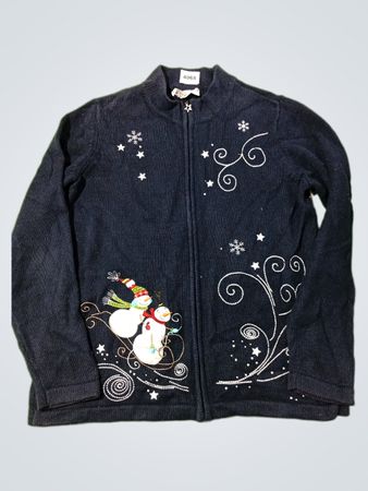 Marineblauer Reißverschluss-Pullover mit Schneemann-Stickerei