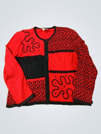 Mita roter und schwarzer Patchwork-Cardigan mit abstraktem Design