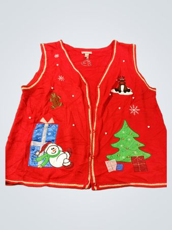 White Stag Damen Rotes Weihnachtsweste mit Schneemann, Lebkuchenmann, Rentier und Weihnachtsbaum Applikationen