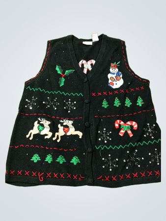 Basic Editions Urlaub Schwarz Weihnachten Weste mit Schneemann, Rentier, Zuckerstange, Stechpalme und Schneeflocken