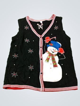 Schwarze ärmellose Weihnachtsstrickweste mit Schneemann-Applikation